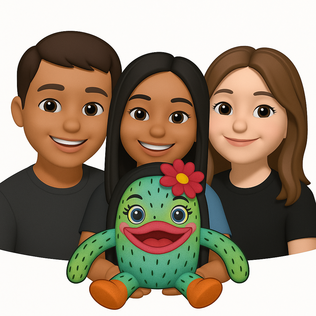 tres personas cargando un peluche de cactus